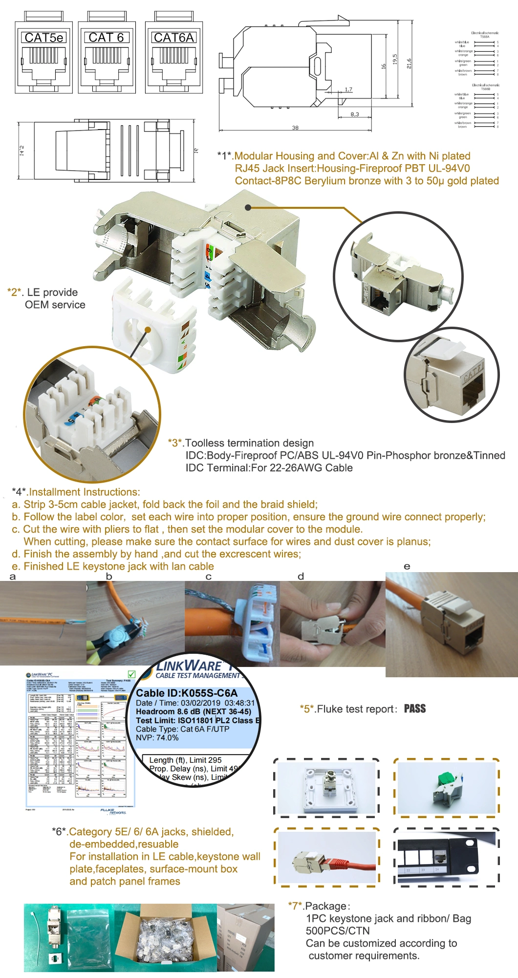 Le-K055s CAT6 CAT6A Toolless FTP RJ45 Keystone Modular Jack