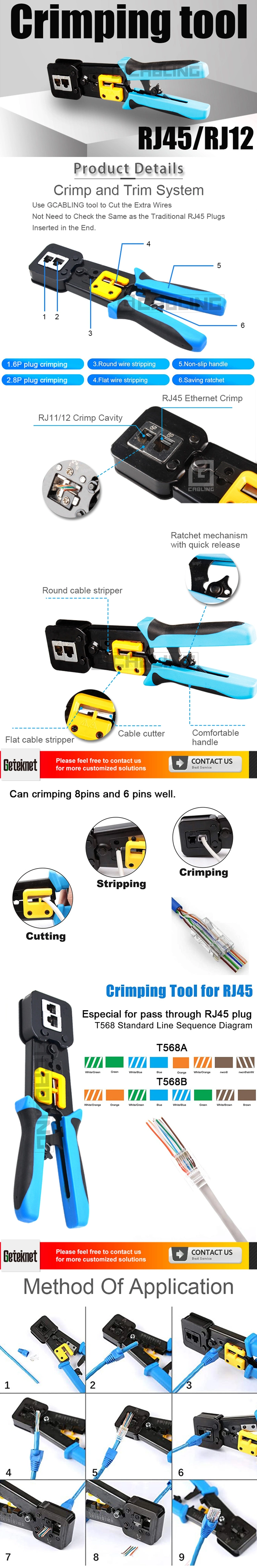 Gcabling 8p8c Pass Through Wire out Connector RJ45 Hand Crimping Inserting Networking Tool